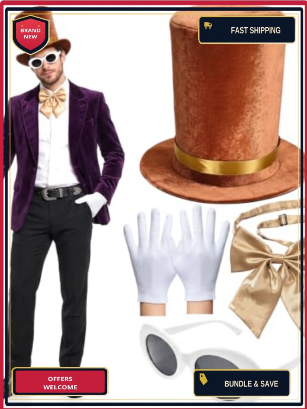 Chocolate Factory Costume Accessories Set Velvet Top Hat Bow Tie Gloves Cane
